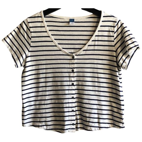 Old Navy V-Neck High Hip Navy & White Striped Faux Button T-Shirt Size Small - Picture 1 of 7